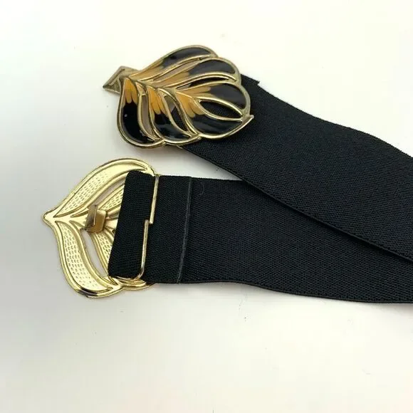 Vintage 80s Black Gold Stretch Enamel Metal Hook Clasp Peacock Feather 31" - Picture 7 of 8
